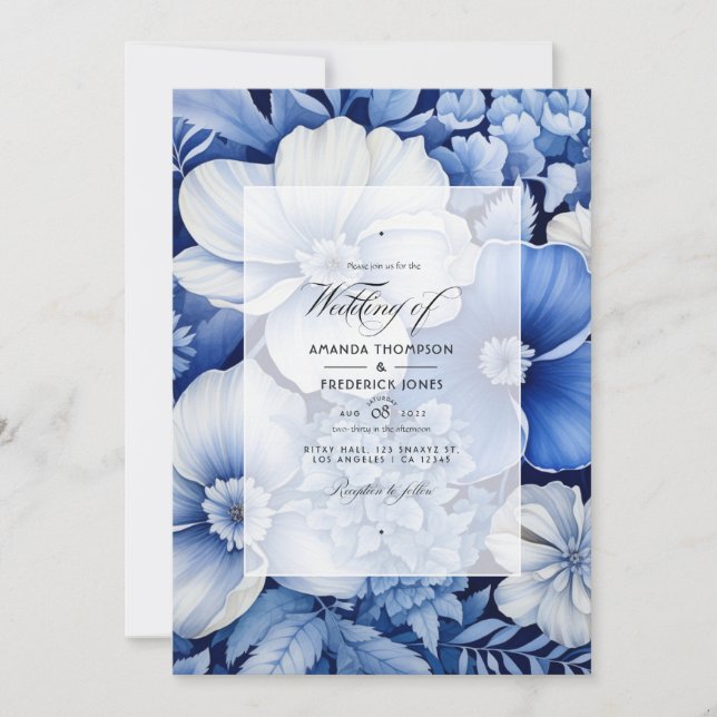 Royal Blue and Light Gray Floral Wedding Einladung (Vorderseite)