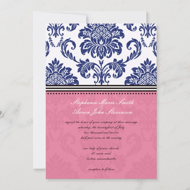 Royal Blue and Pink Damask Einladung zur Hochzeit (Vorderseite)