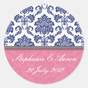 Royal Blue and Pink Damask Hochzeitsticker Runder Aufkleber