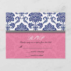 Royal Blue and Pink Damask Wedding UAWG RSVP Karte