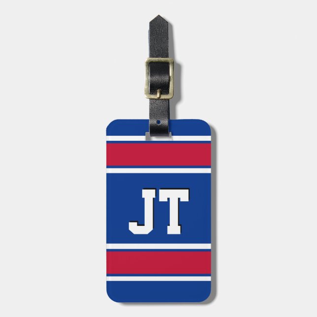 Royal Blue and Red Sport Stripes Personalisiert Gepäckanhänger (Vorderseite vertikal)