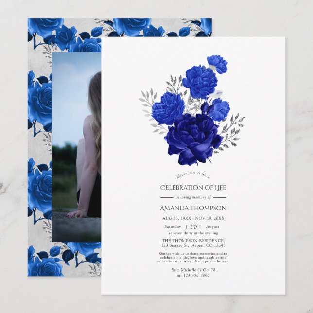 Royal Blue and Silver Floral Celebration of Life Einladung (Vorne/Hinten)