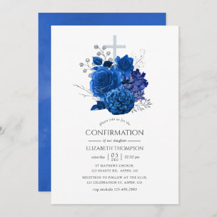 Royal Blue and Silver Floral Confirmation Einladung