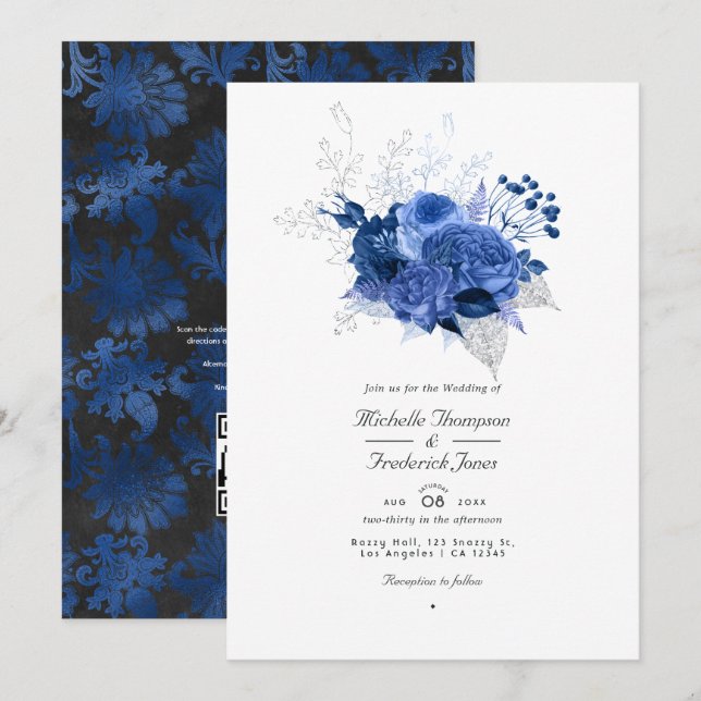 Royal Blue and Silver Floral QR Code UAWG Wedding Einladung (Vorne/Hinten)