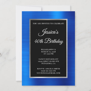 Royal Blue and Silver Foil Black 40. Geburtstag Einladung