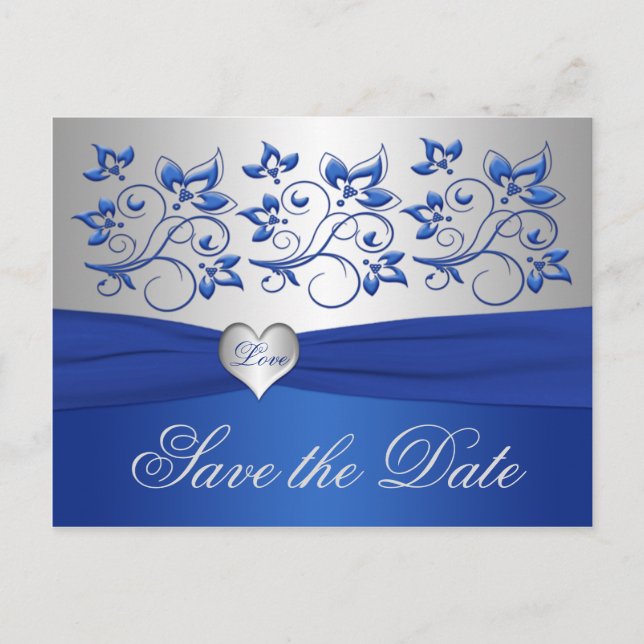 Royal Blue and Silver Heart Save the Date Card Ankündigungspostkarte (Vorderseite)