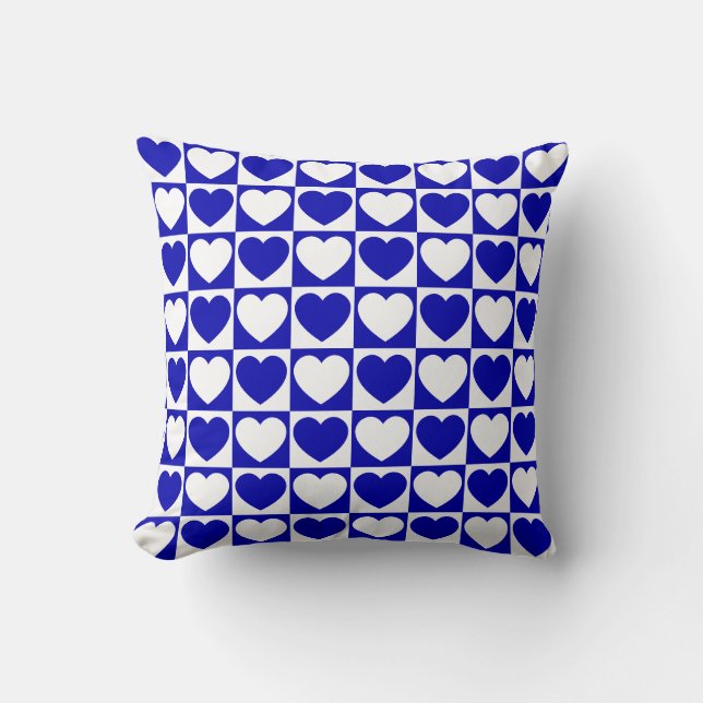 Royal Blue and White Checkered Muster mit Herz Kissen (Vorderseite)