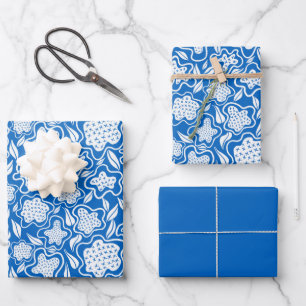 Royal Blue and White Cross Stitch Floral Geschenkpapier Set
