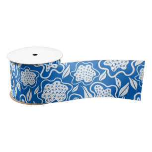 Royal Blue and White Cross Stitch Floral Satinband