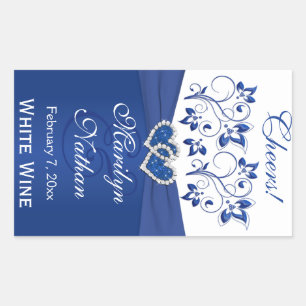 Royal Blue and White Floral Wedding Flasche Sticke Rechteckiger Aufkleber