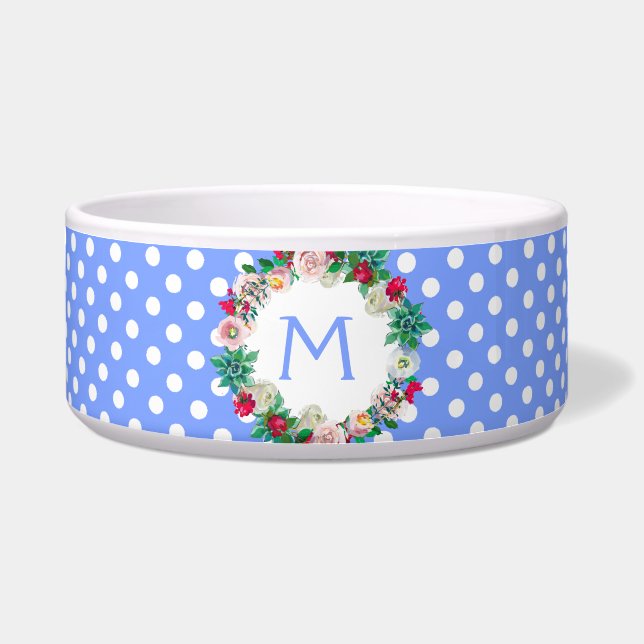 Royal Blue and White Polka Dots mit Monogram Pet Napf (Vorderseite)