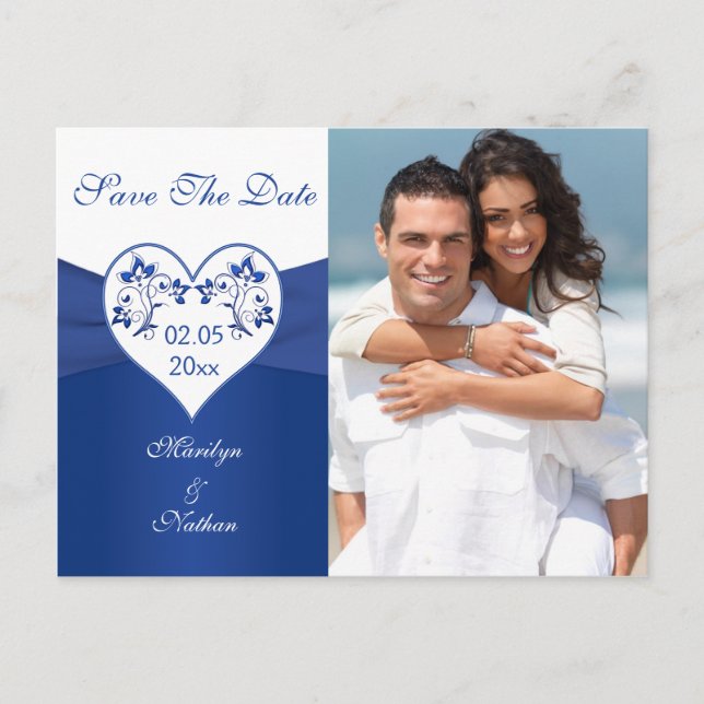 Royal Blue and White Save the Date Foto Card Ankündigungspostkarte (Vorderseite)
