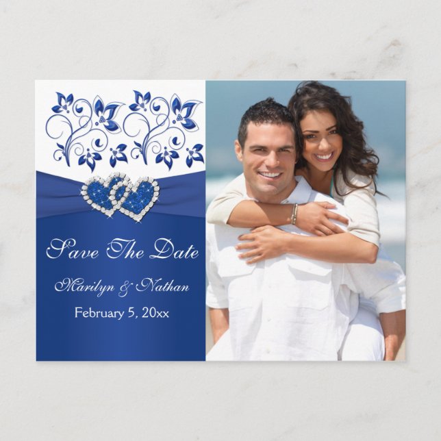 Royal Blue and White Save the Date Foto Card Ankündigungspostkarte (Vorderseite)