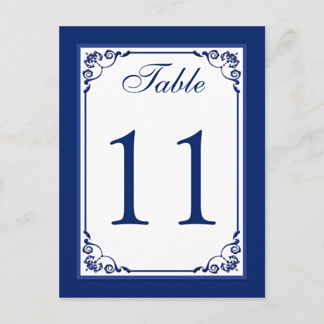 Royal Blue and White Scrolls Tischnummer Card (Vorderseite)