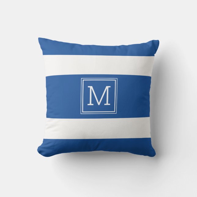 Royal Blue and White Strips einfache Monogramm Kissen (Vorderseite)