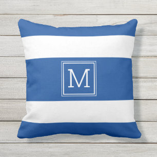Royal Blue and White Strips einfache Monogramm Kissen
