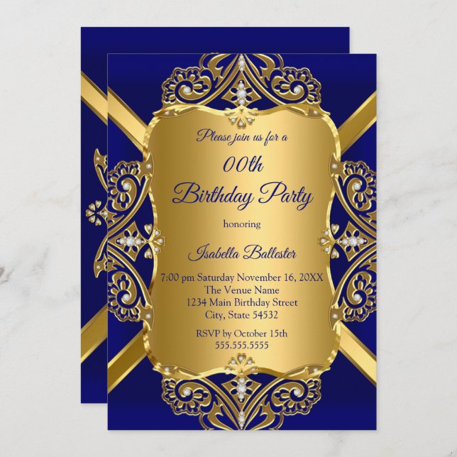 Royal Blue Any Age Birthday Party Gold Diamond 2 Einladung (Vorne/Hinten)