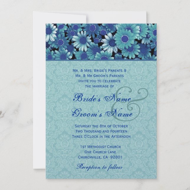 Royal Blue & Aqua Daisy Wedding Premium Metallic Einladung (Vorderseite)