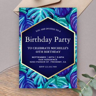 Royal Blue Aquamarin Gold Foil Tropical Blätter Ge Einladung