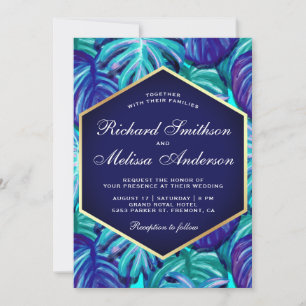 Royal Blue Aquamarin Gold Foil Tropical Blätter Ho Einladung