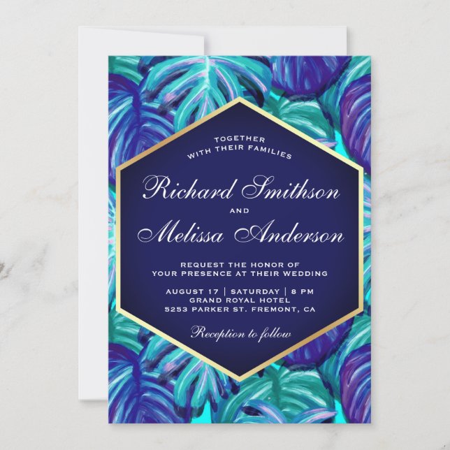 Royal Blue Aquamarin Gold Foil Tropical Blätter We Einladung (Vorderseite)