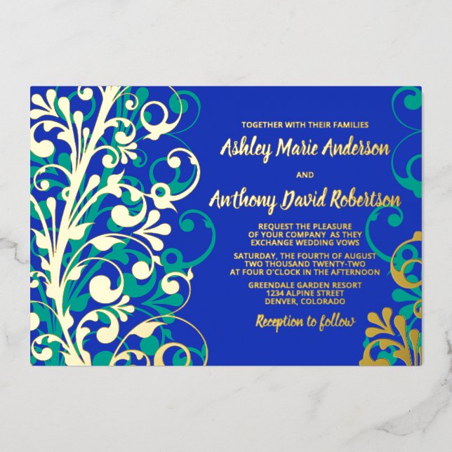Royal Blue Aquamarin Real Gold Foil Folieneinladung (Vorderseite)
