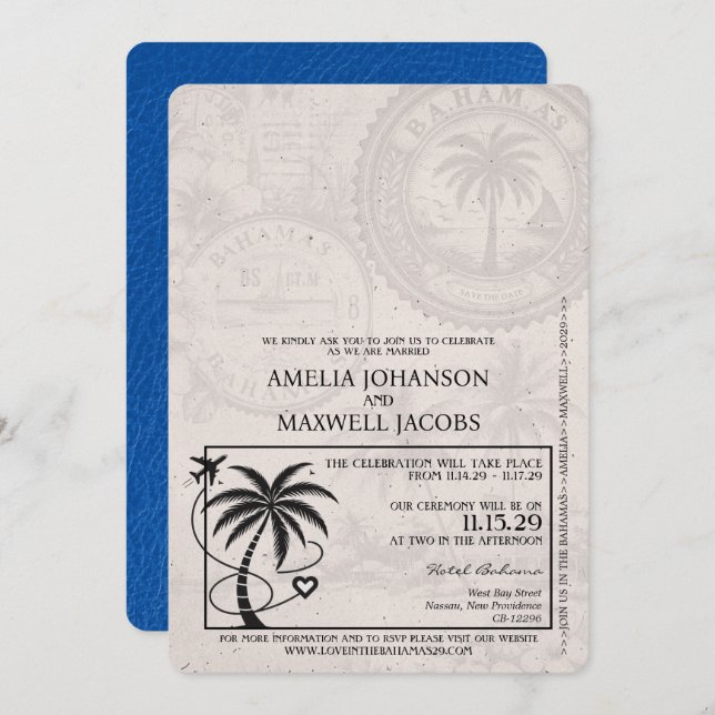 Royal Blue Bahamas Passport Wedding Einladung (Vorne/Hinten)