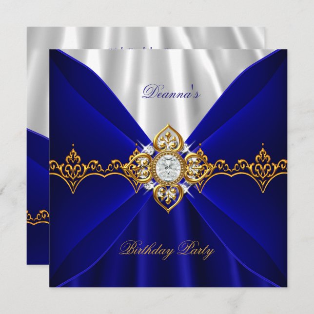 Royal Blue Birthday Gold Jewel White Silk 2 Einladung (Vorne/Hinten)