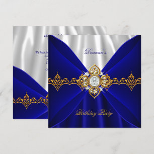 Royal Blue Birthday Gold Jewel White Silk 2 Einladung