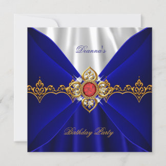 Royal Blue Birthday Gold Red Jewel White Silk Einladung