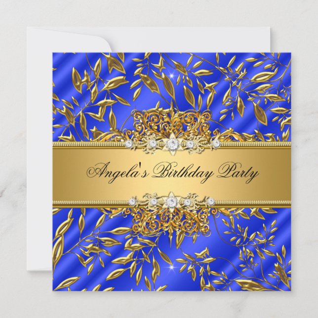 Royal Blue Birthday Party Gold Jewel Image Einladung (Vorderseite)