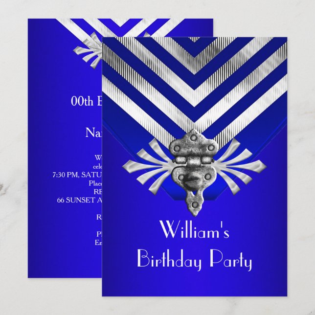 Royal Blue Birthday Party Silver Strip Einladung (Vorne/Hinten)
