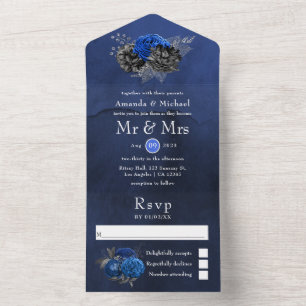 Royal Blue, Black and Silver Floral Wedding All in One Einladung