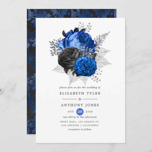 Royal Blue, Black and Silver Floral Wedding Einladung (Vorne/Hinten)