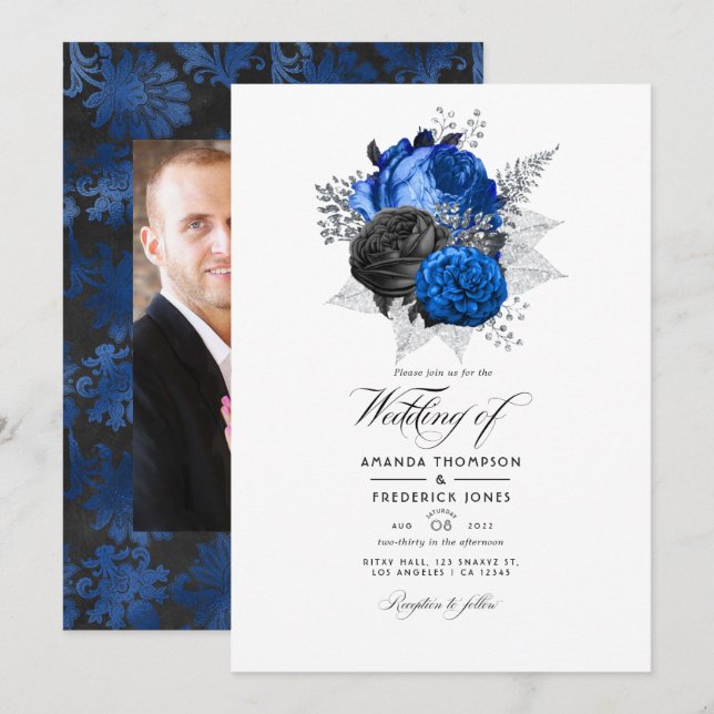 Royal Blue, Black and Silver Floral Wedding Foto Einladung (Vorne/Hinten)