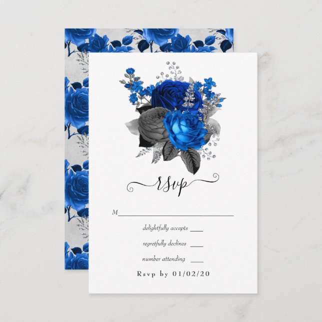 Royal Blue, Black and Silver Floral Wedding RSVP Karte (Vorne/Hinten)