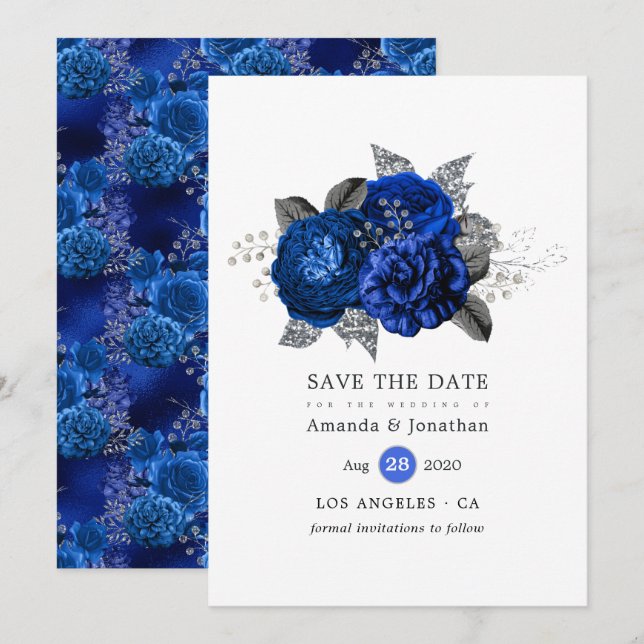 Royal Blue, Black and Silver Floral Wedding Save The Date (Vorne/Hinten)