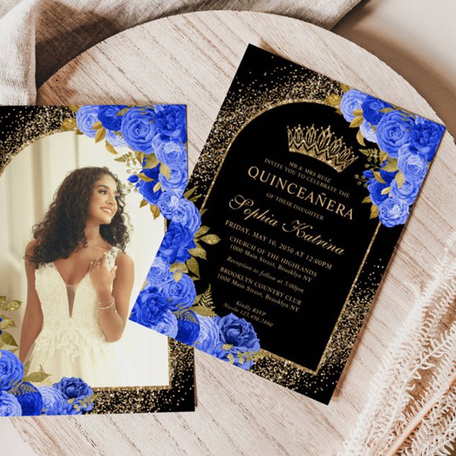 Royal Blue Black Gold Floral Foto Quinceanera Einladung (Von Creator hochgeladen)