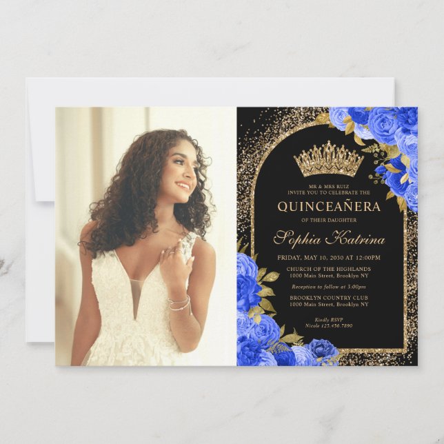 Royal Blue Black Gold Floral Foto Quinceanera Einladung (Vorderseite)