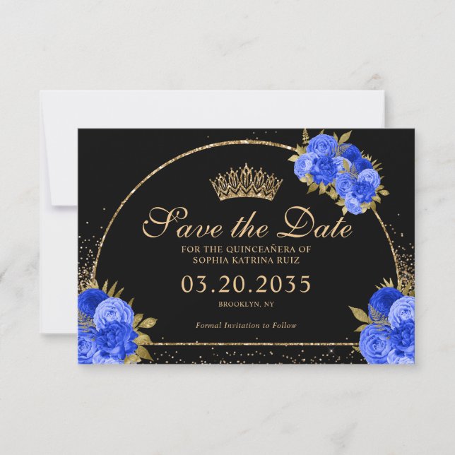 Royal Blue Black Gold Glitzer Floral Quinceanera Save The Date (Vorderseite)