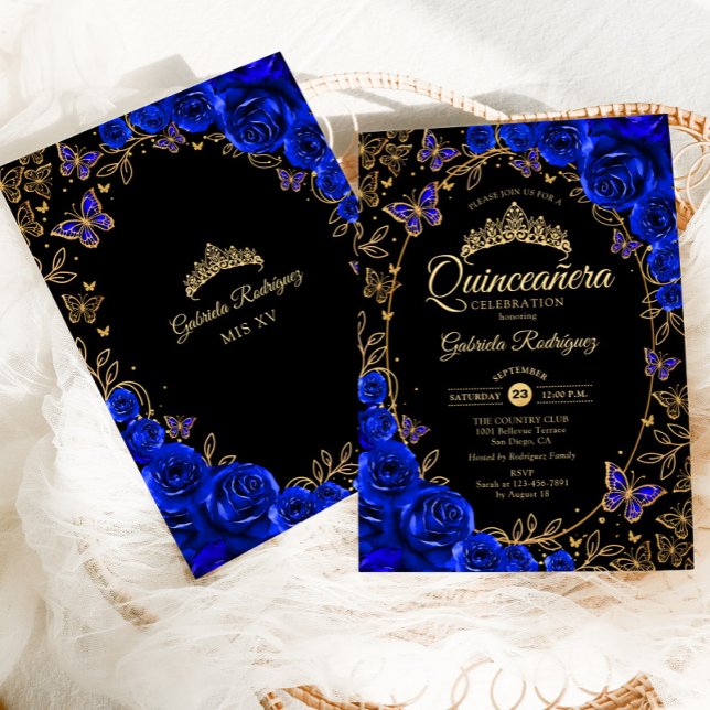 Royal Blue Black Quinceanera Einladung (Von Creator hochgeladen)