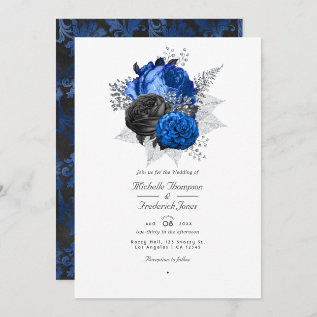Royal Blue, Black & Silver Floral QR Code Hochzeit Einladung (Vorne/Hinten)
