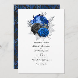 Royal Blue, Black & Silver Floral QR Code Hochzeit Einladung