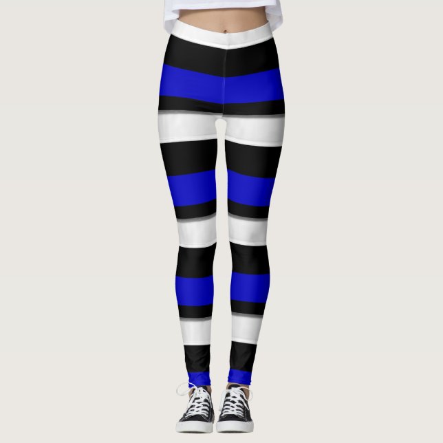 Royal Blue Black & Silver Horizontal gestreift Leggings (Vorderseite)