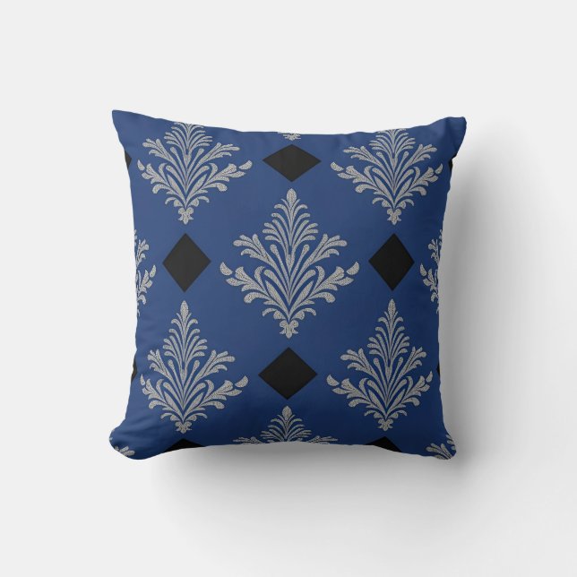 Royal Blue, Black und Silver Damask Style Kissen (Vorderseite)