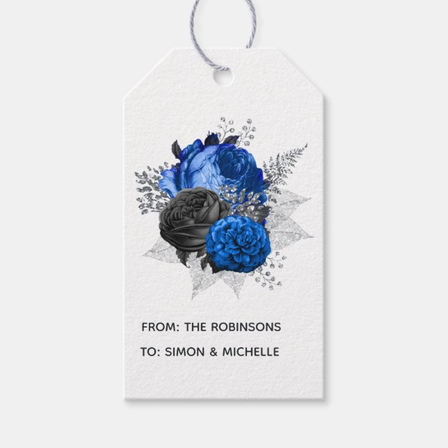 Royal Blue, Black und Silver Floral Geschenkanhänger (Vorderseite)