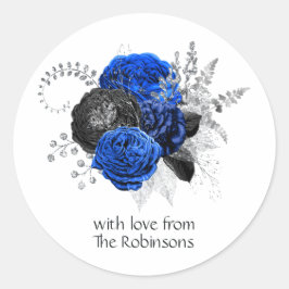 Royal Blue, Black und Silver Floral Runder Aufkleber
