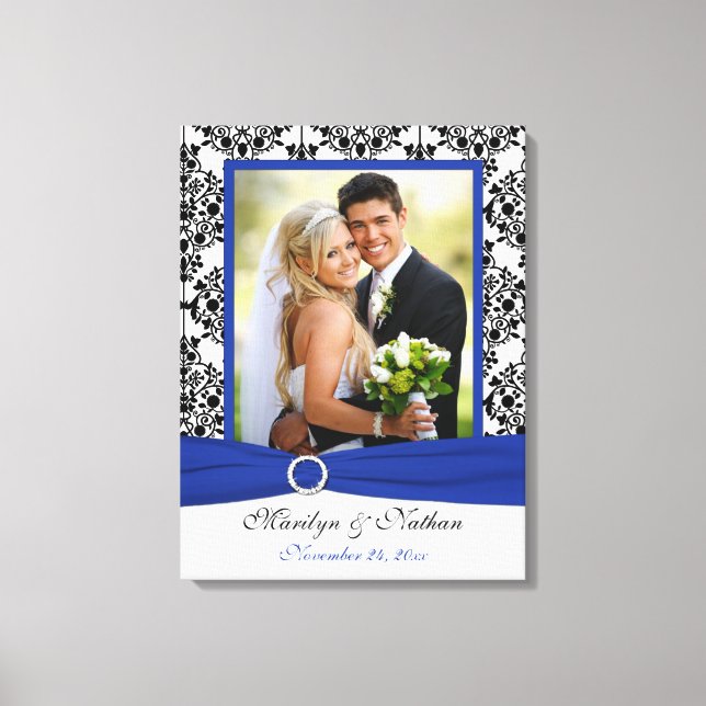 Royal Blue, Black, White Damask Wedding Leinwand (Vorderseite)