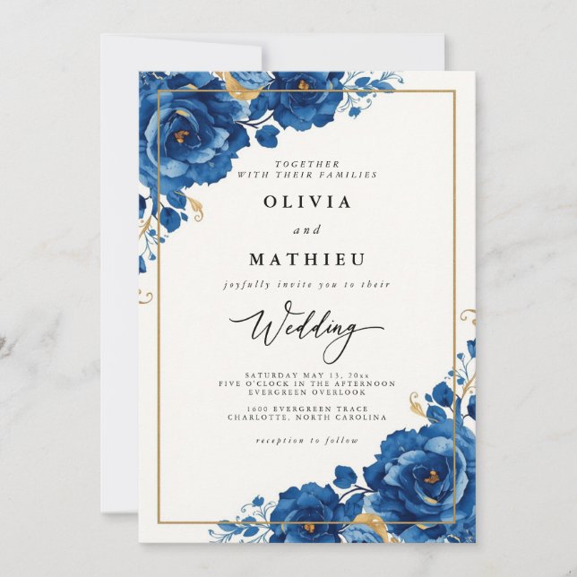 Royal Blue Bloom Botanical Wedding Einladung (Vorderseite)