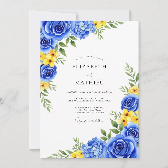 Royal Blue Bloom Romance Wedding Einladung (Vorderseite)